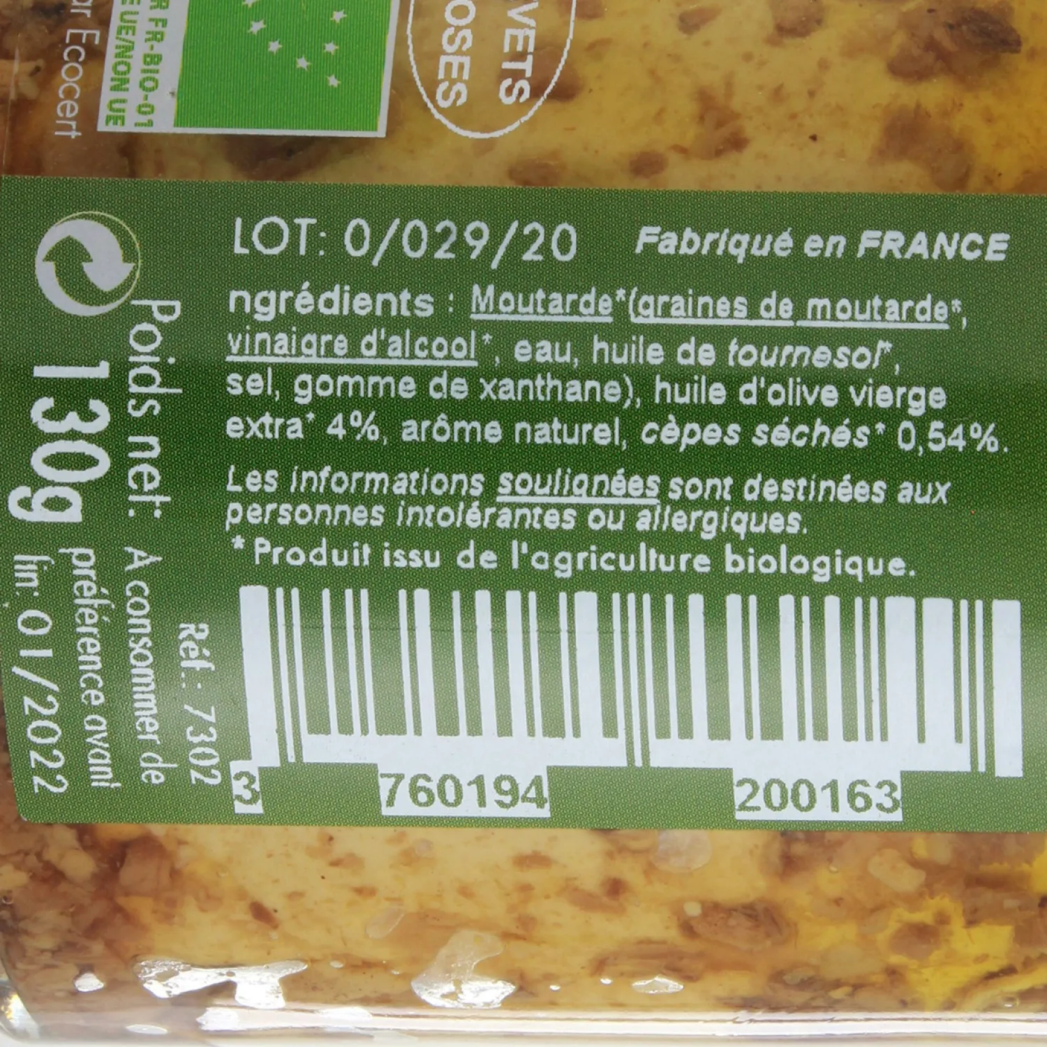 Savor et Sens Moutardes, Sauces Et Condiments|Epicerie^Moutarde Bio aux Cèpes 130 gr -