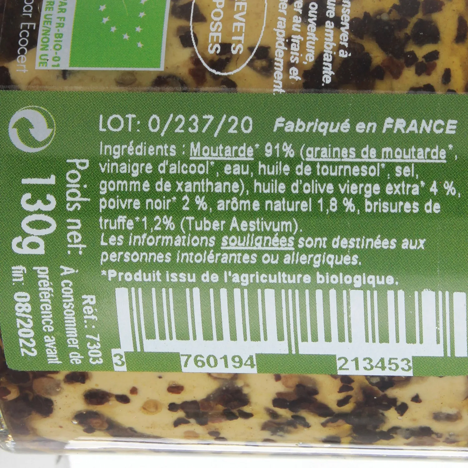 Savor et Sens Epicerie|Moutardes, Sauces Et Condiments^Moutarde Bio brisures de Truffe noire 130 gr -