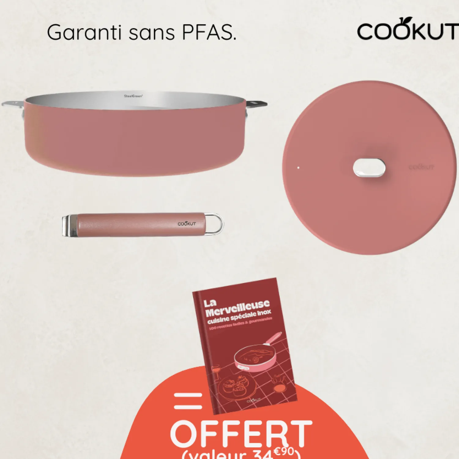 Cookut Cuisson Sur Plaque|Sauteuses^Sauteuse inox La Merveilleuse 28 cm guimauve + livre offert